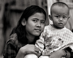 Burma - Bagan - sister & baby brother BW
